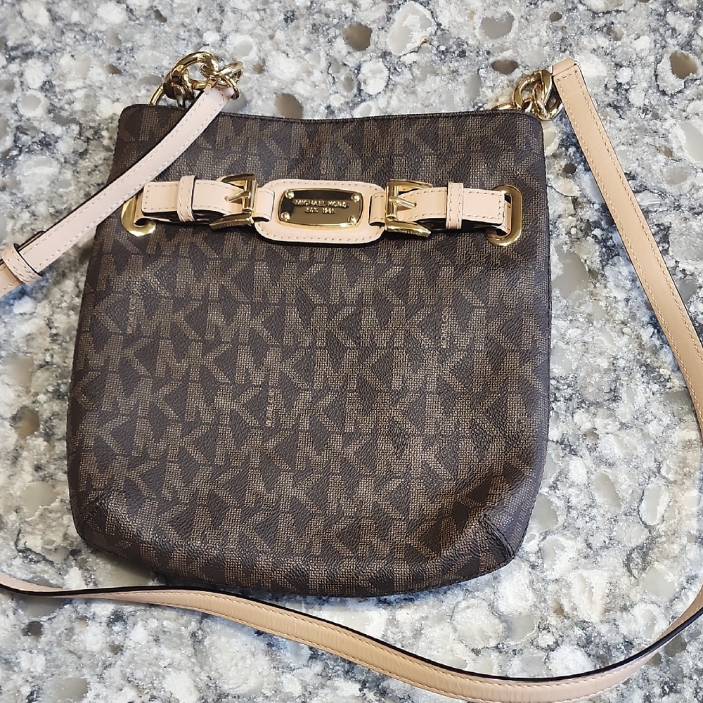 Michael Kors Tan and Brown Crossbody Bag with Gold Hardware